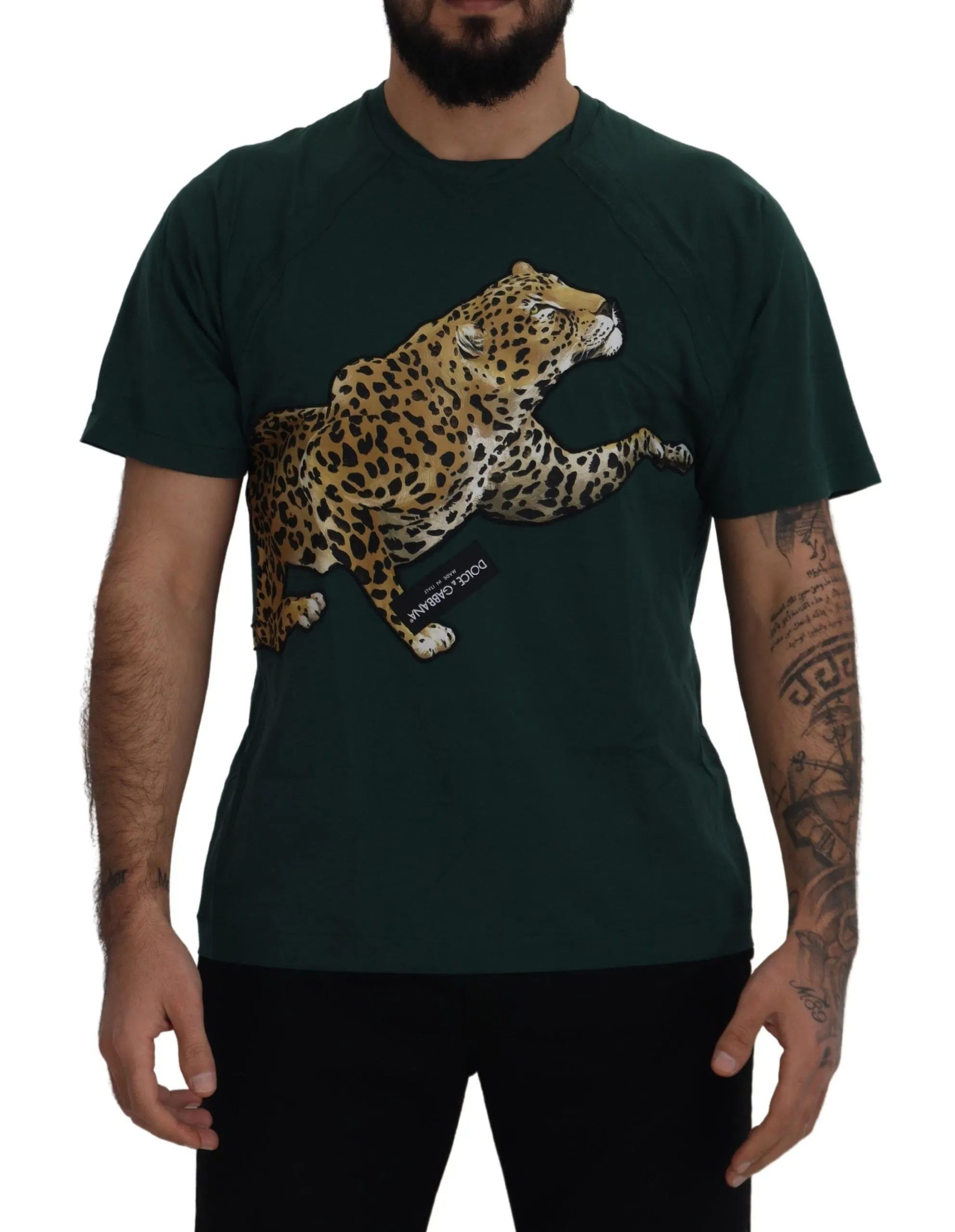 Dolce & Gabbana Men's Elegant Green Leopard Motif Cotton T-Shirt