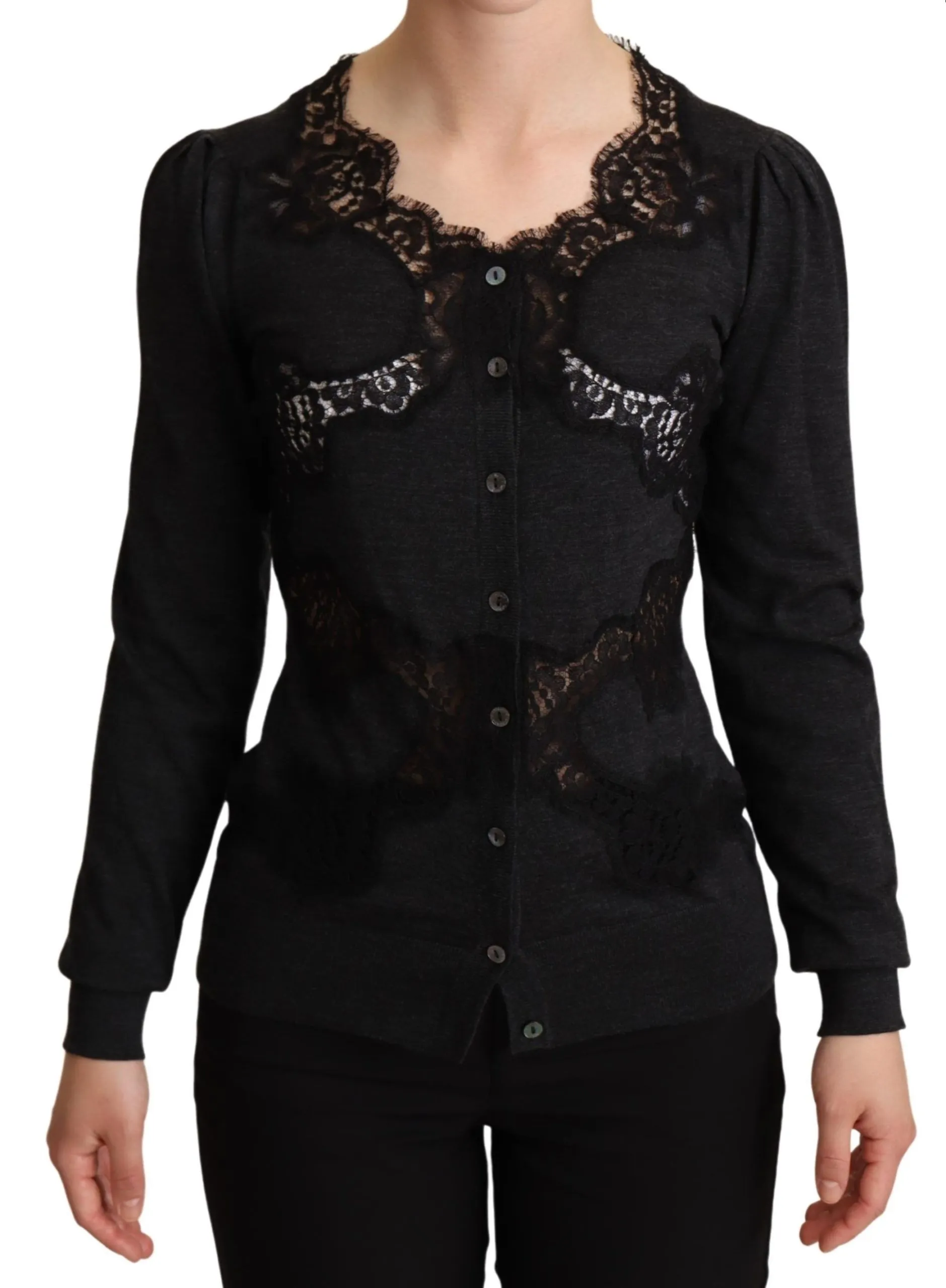 Dolce & Gabbana Women's Elegant Gray Lace-Trim Wool Cardigan
