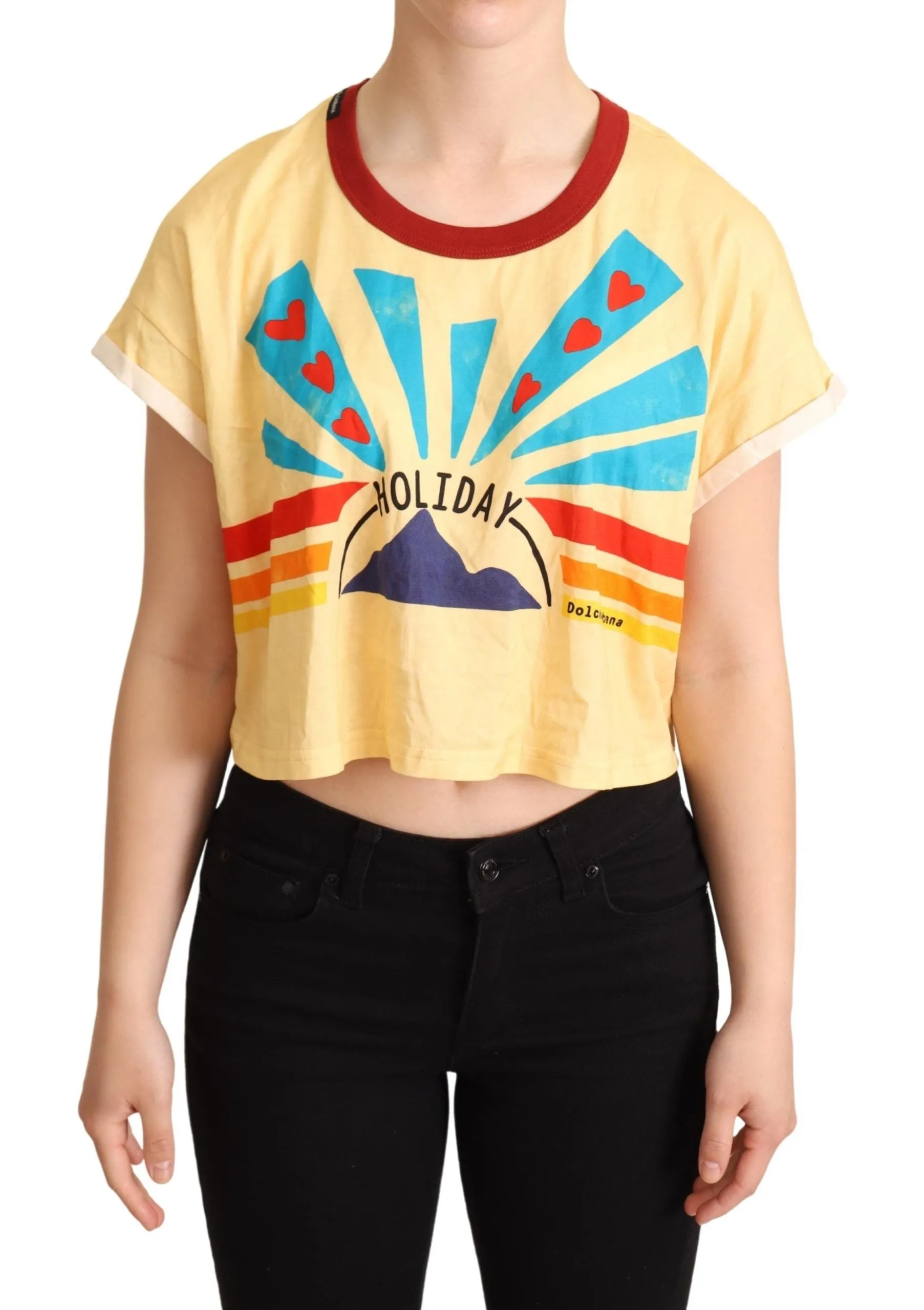 Dolce & Gabbana Women's Chic Yellow Print Cropped Tee with Contrast Trim