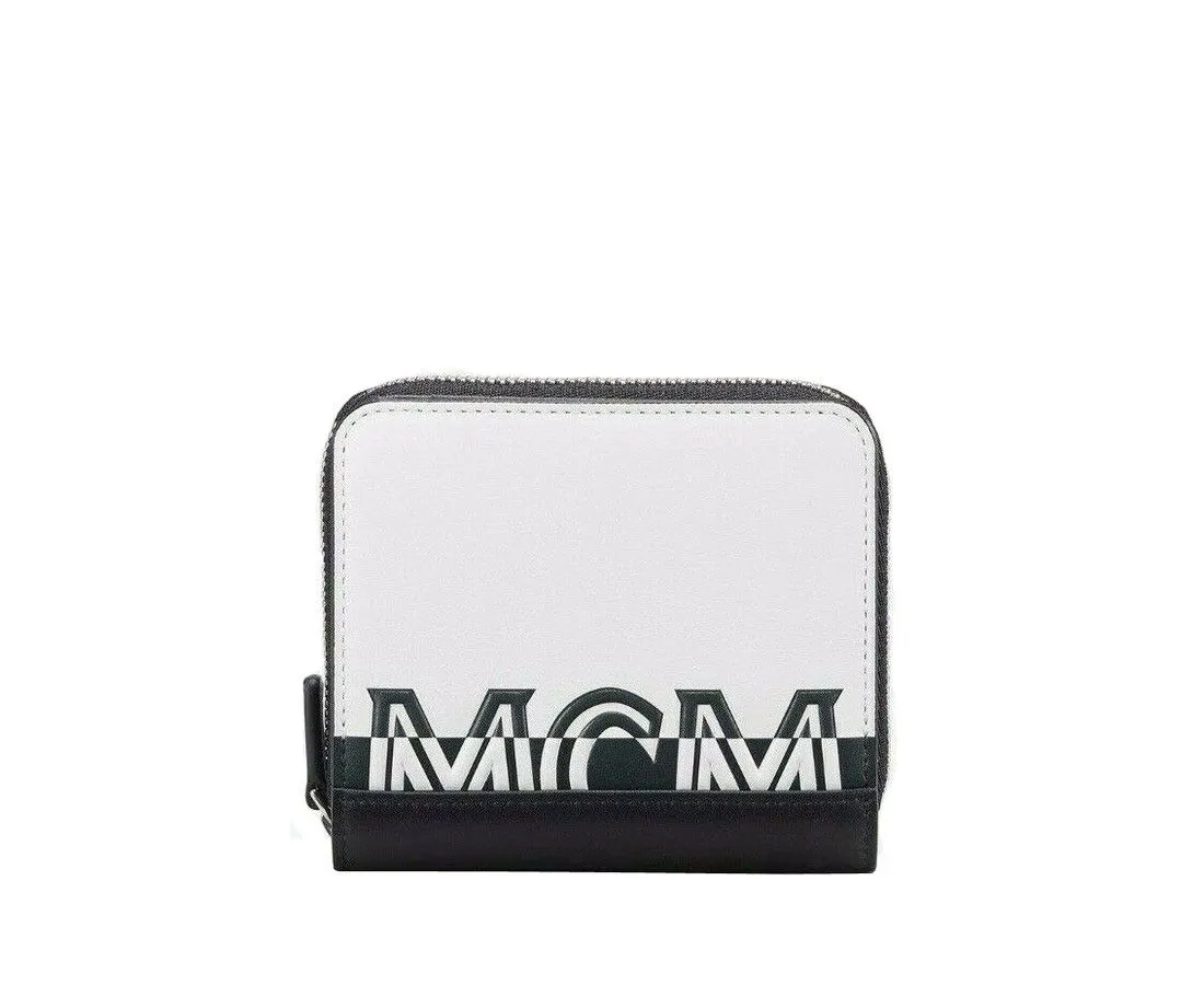 MCM MCM Women's White Black Contrast Logo Small Zip Wallet