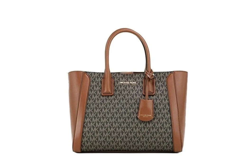 Michael Kors Women's Kali Medium Brown Signature PVC Satchel Purse Handbag Ipad Case