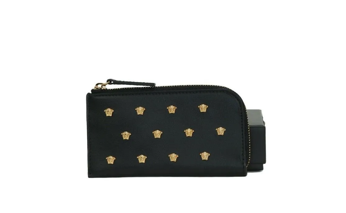 Versace Women's Black Smooth Leather Multi Medusa Head Organizer Zip Card Case Wallet