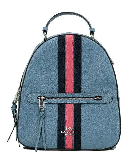 COACH Women's Jordyn Varsity Stripe Indigo Crossgrain Leather Backpack Bookbag