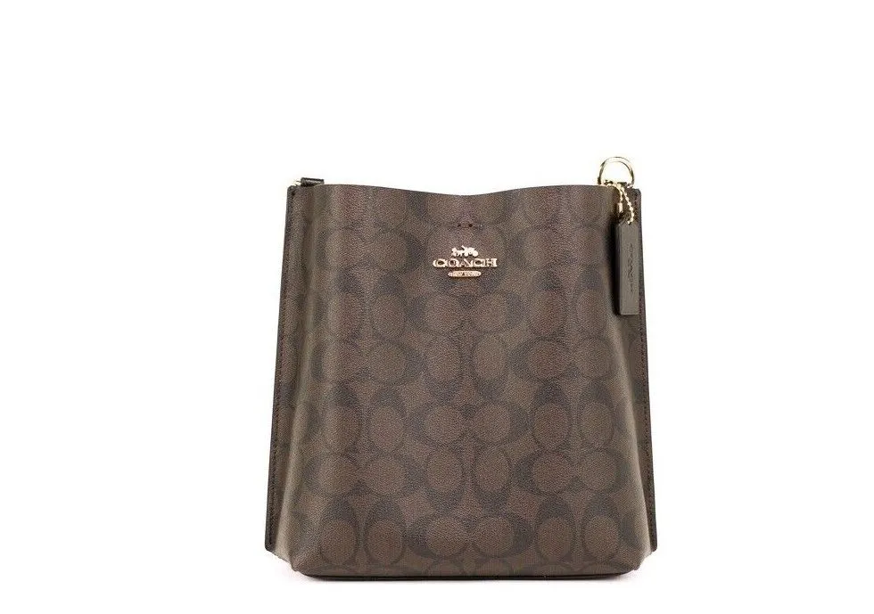 COACH Women's Mollie 22 Small Brown Black Coated Canvas Bucket Crossbody Handbag