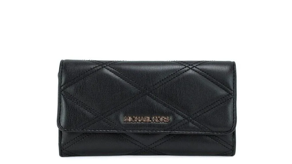 Michael Kors Women's Jet Set Travel Large Black Quilted Vegan Leather Trifold Wallet