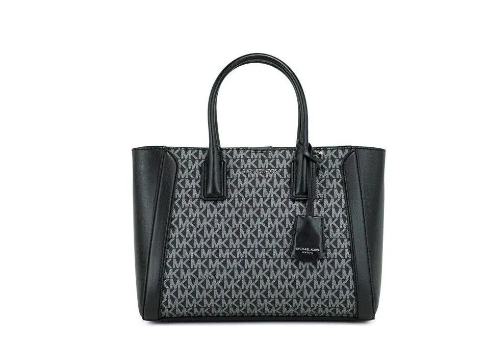Michael Kors Women's Kali Medium Black Signature PVC Satchel handbag Purse Ipad Case