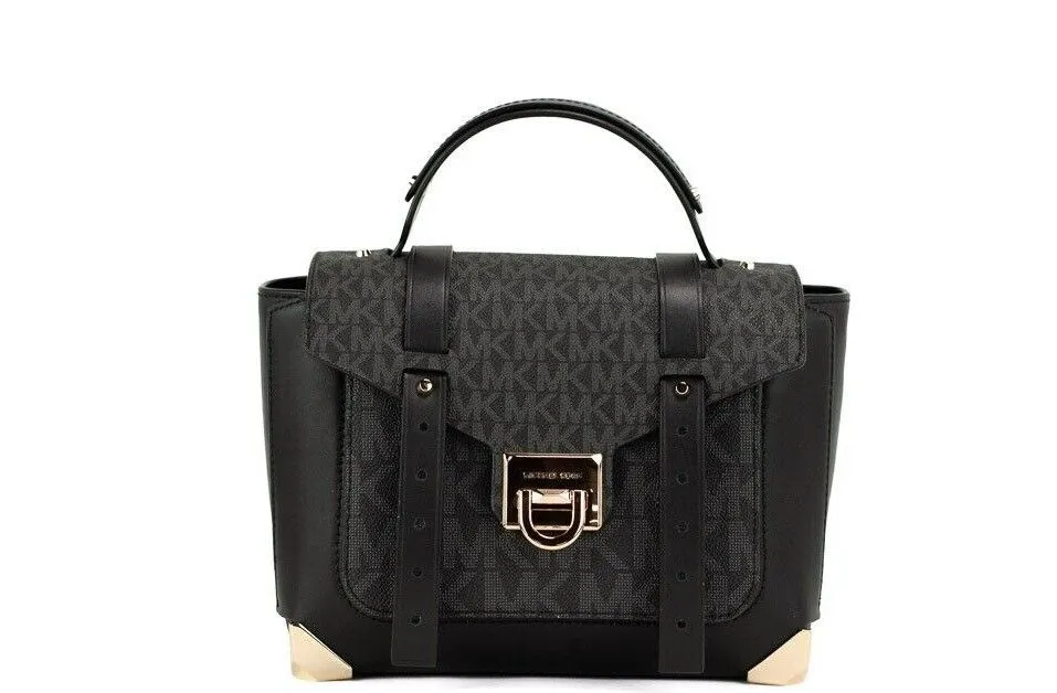 Michael Kors Women's Manhattan Medium Black Signature Leather Purse Satchel Handbag