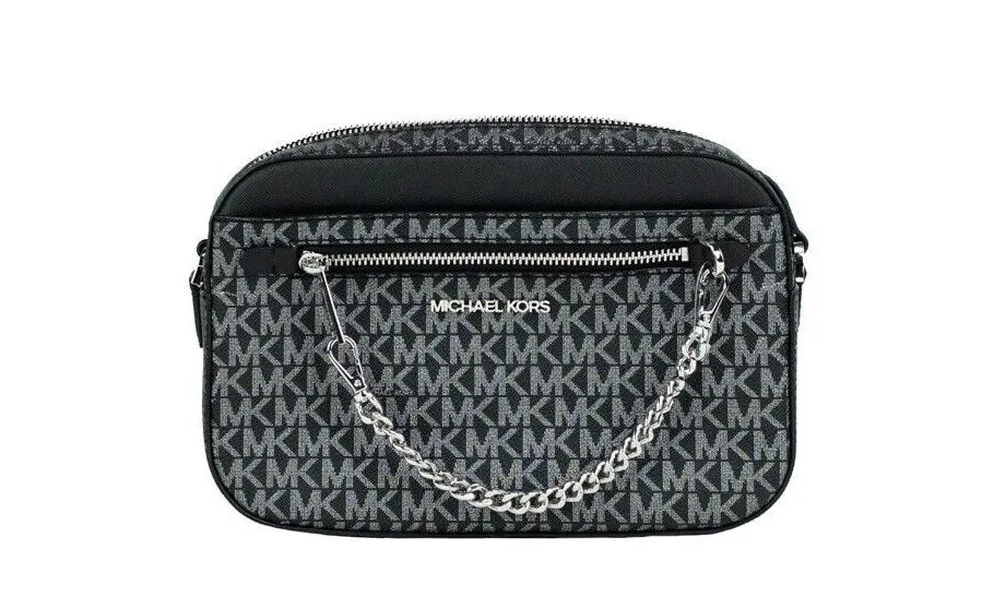 Michael Kors Women's Jet Set Large East West Black Silver PVC Zip Chain Crossbody Bag