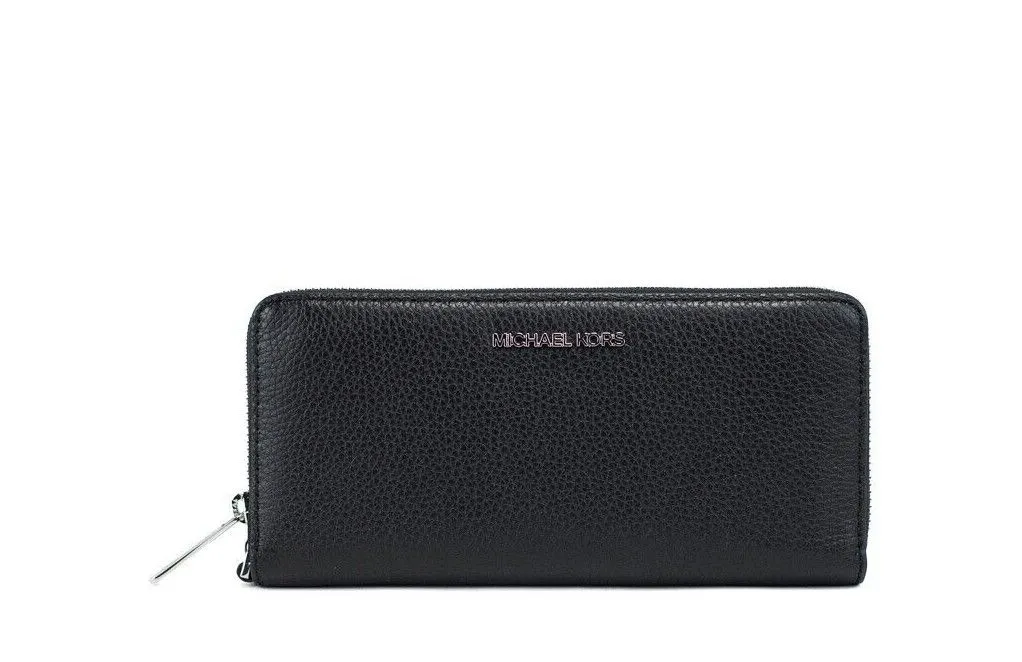 Michael Kors Women's Jet Set Travel Large Black Leather Silver Continental Wrist Wallet