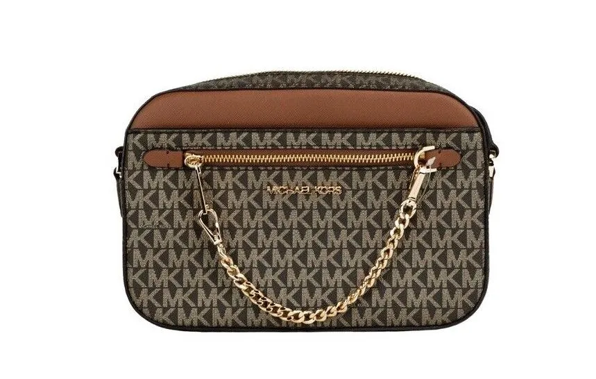 Michael Kors Women's Jet Set Large East West Brown Gold PVC Zip Chain Crossbody Bag