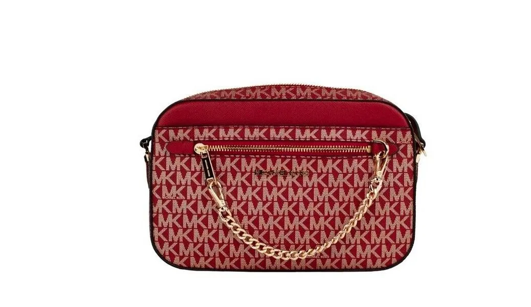 Michael Kors Women's Jet Set Large East West Chili Pale Gold PVC Zip Chain Crossbody Bag