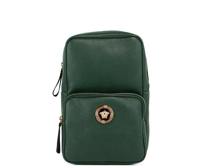Versace Women's Medusa Small Dark Green Calf Leather Sling Pack Backpack Bookbag Bag