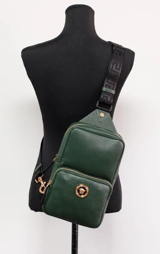 Versace Women's Medusa Small Dark Green Calf Leather Sling Pack Backpack Bookbag Bag