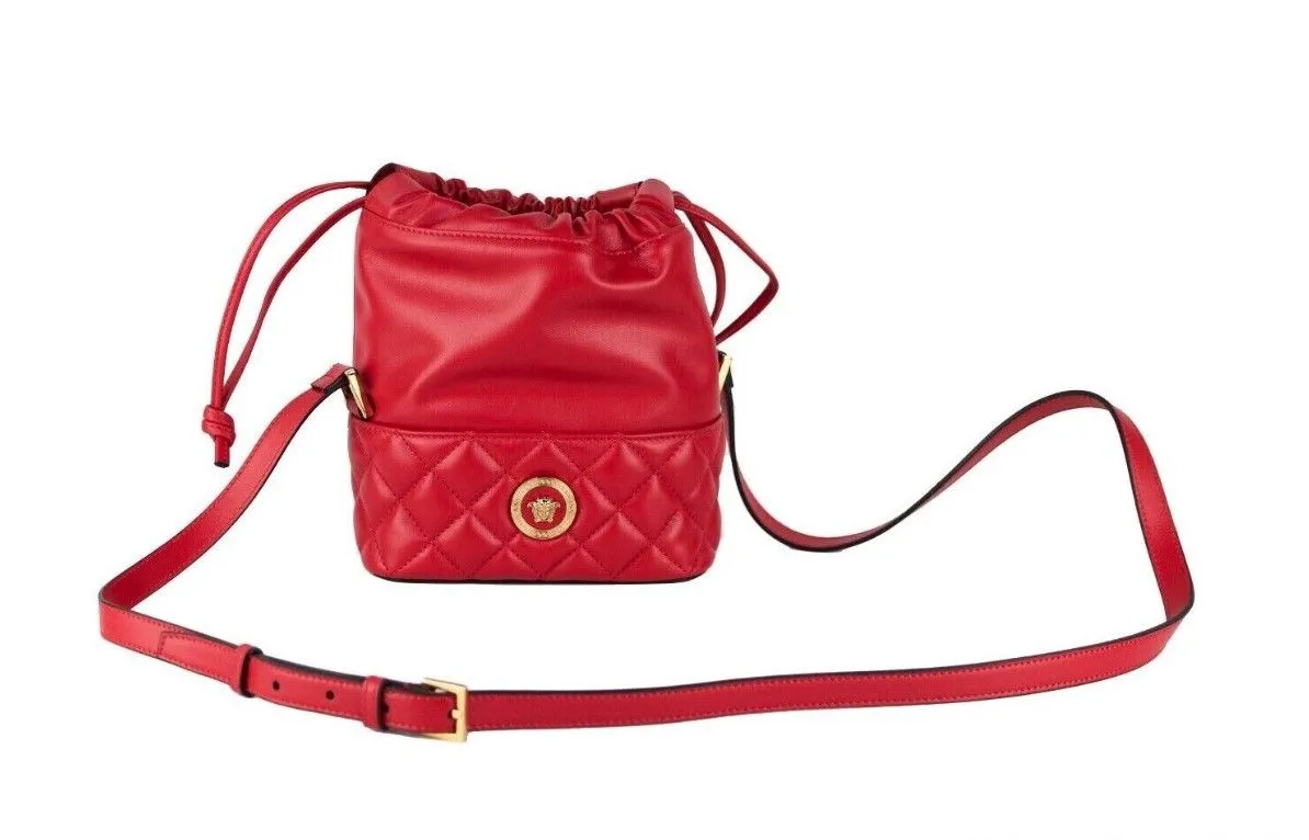 Versace Women's Red Quilted Leather Drawstring Shoulder Bag Bucket Crossbody Handbag