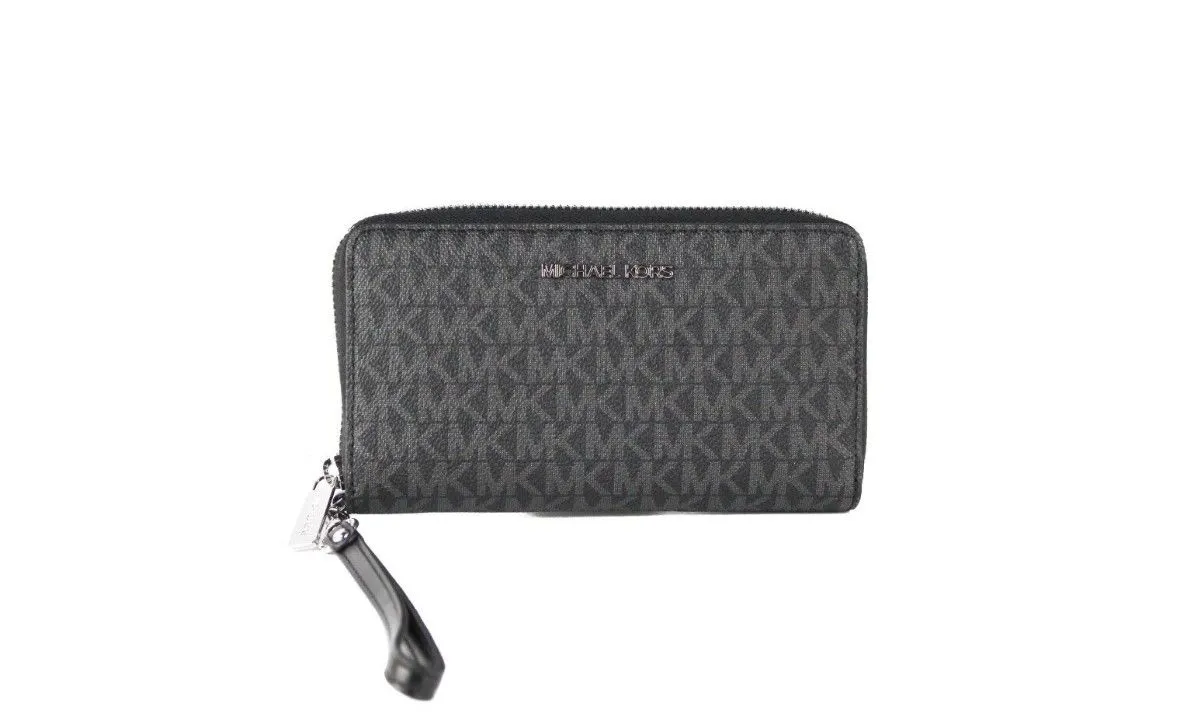 Michael Kors Women's Jet Set Large Black Signature PVC Flat Multifunction Wrist Wallet