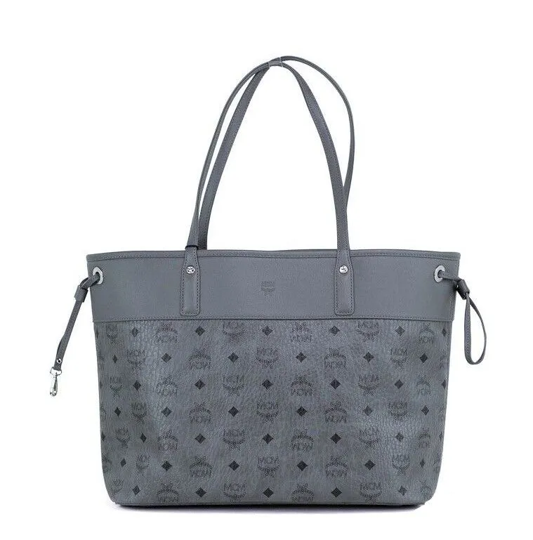 MCM Women's Aren Medium Dark Grey Mixed Visetos Leather Shopper Shoulder Tote Handbag