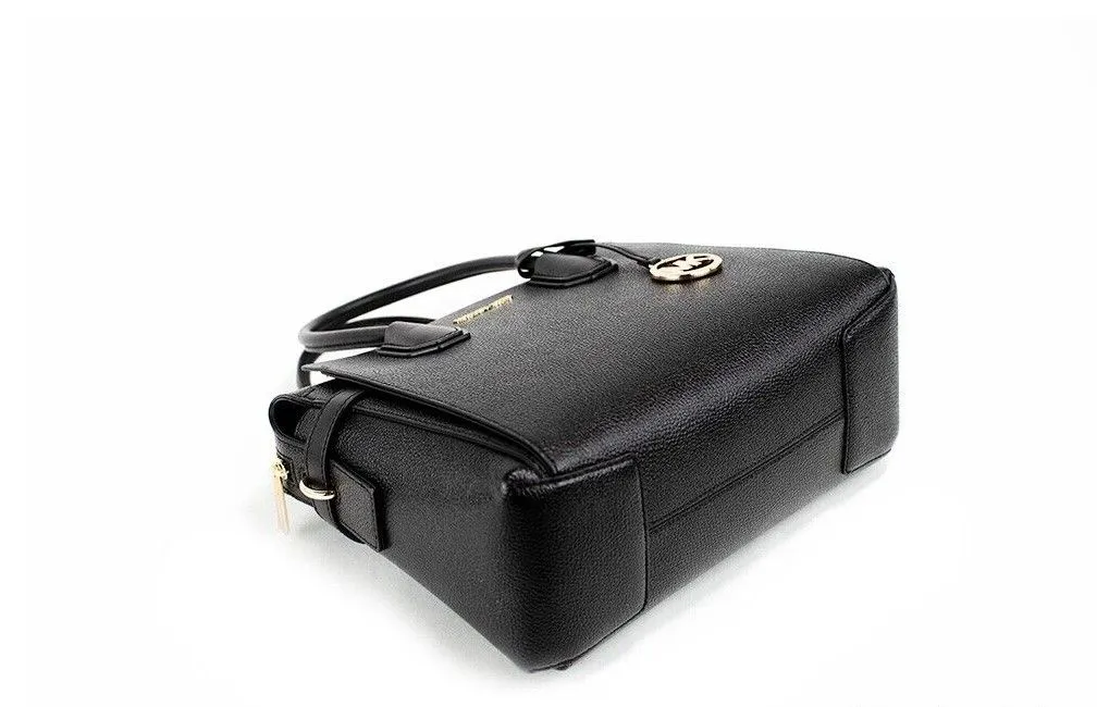 Michael Kors Women's Mercer Medium Black Pebbled Leather Top Zip Belted Satchel Handbag