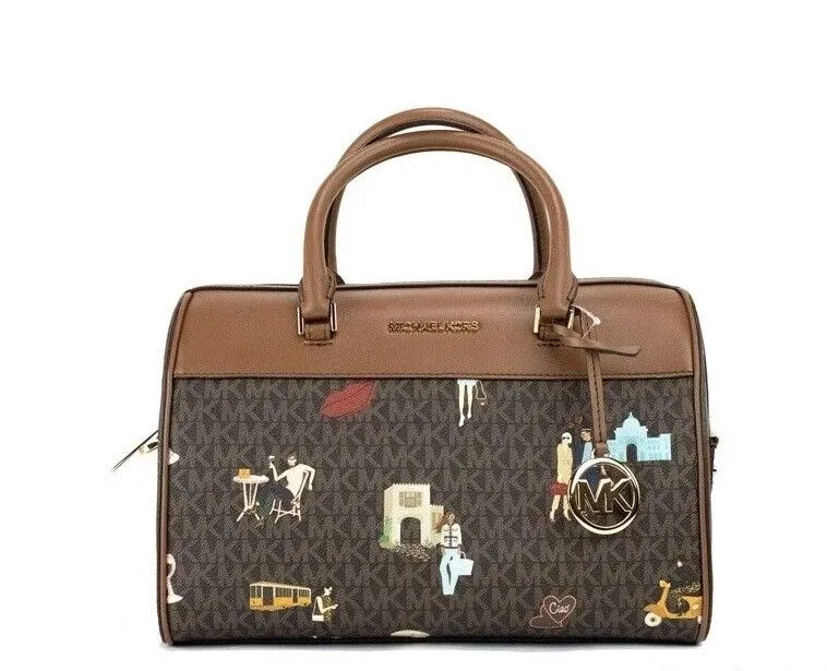 Michael Kors Women's Jet Set Girls Medium Brown Signature PVC Duffle Crossbody Handbag