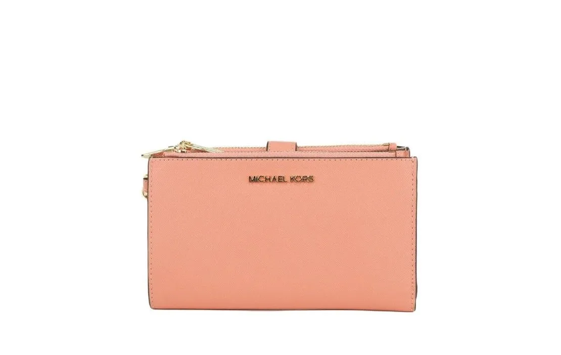 Michael Kors Women's Jet Set Travel Signature Leather Large Double Zip Wristlet Wallet Sherbert