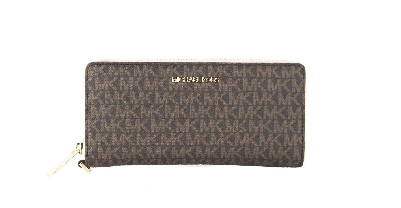 Michael Kors Women's Jet Set Travel Large Brown Signature Pink Continental Wrist Wallet