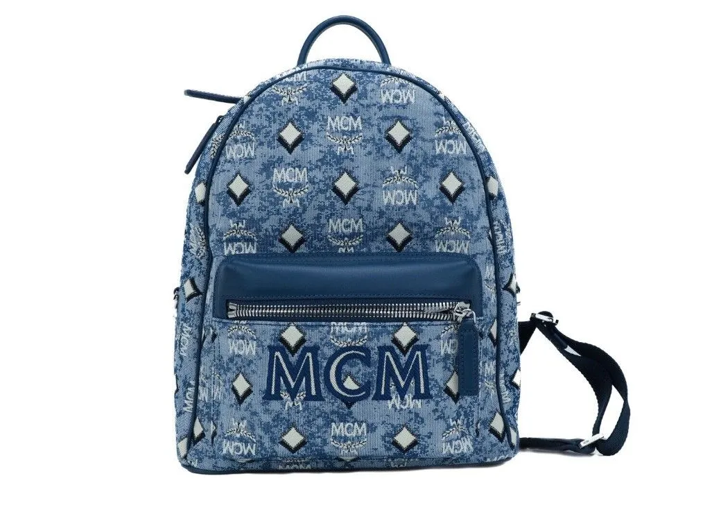 MCM Women's Stark Small Blue Vintage Jacquard Monogram Logo Fabric Backpack Bookbag