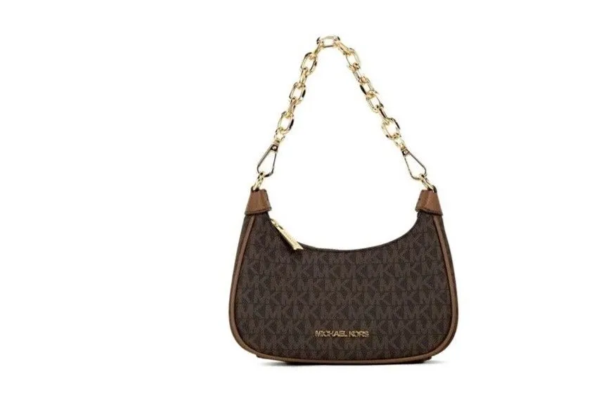 Michael Kors Women's Cora Mini Brown Signature PVC Zip Pouchette Crossbody Handbag Purse