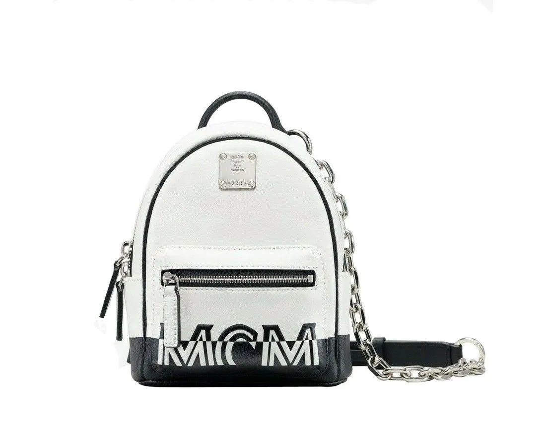 MCM MCM Women's White Contrast Logo Leather Mini Crossbody Chain Bag