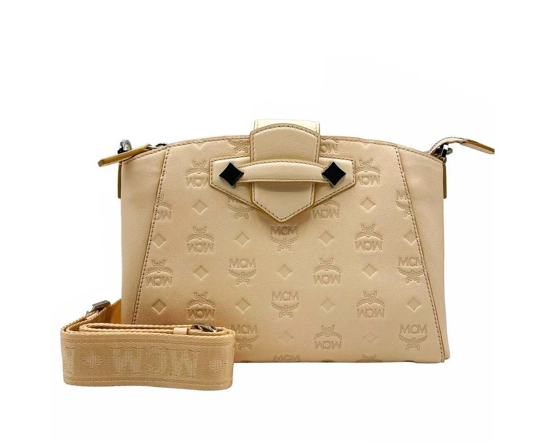 MCM MCM Women's Beige Monogram Leather Essential Tote Crossbody Bag Beige/Peach