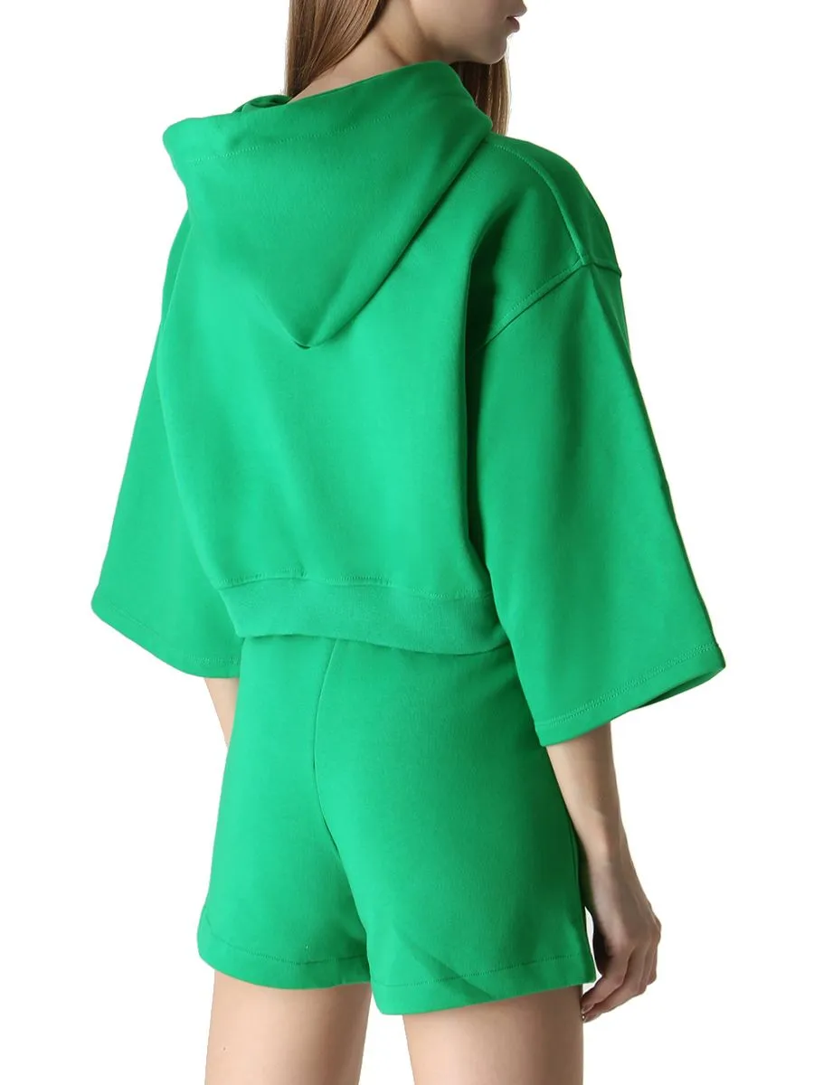 Comme Des Fuckdown Women's Chic Hooded Short Sleeve Green Sweatshirt