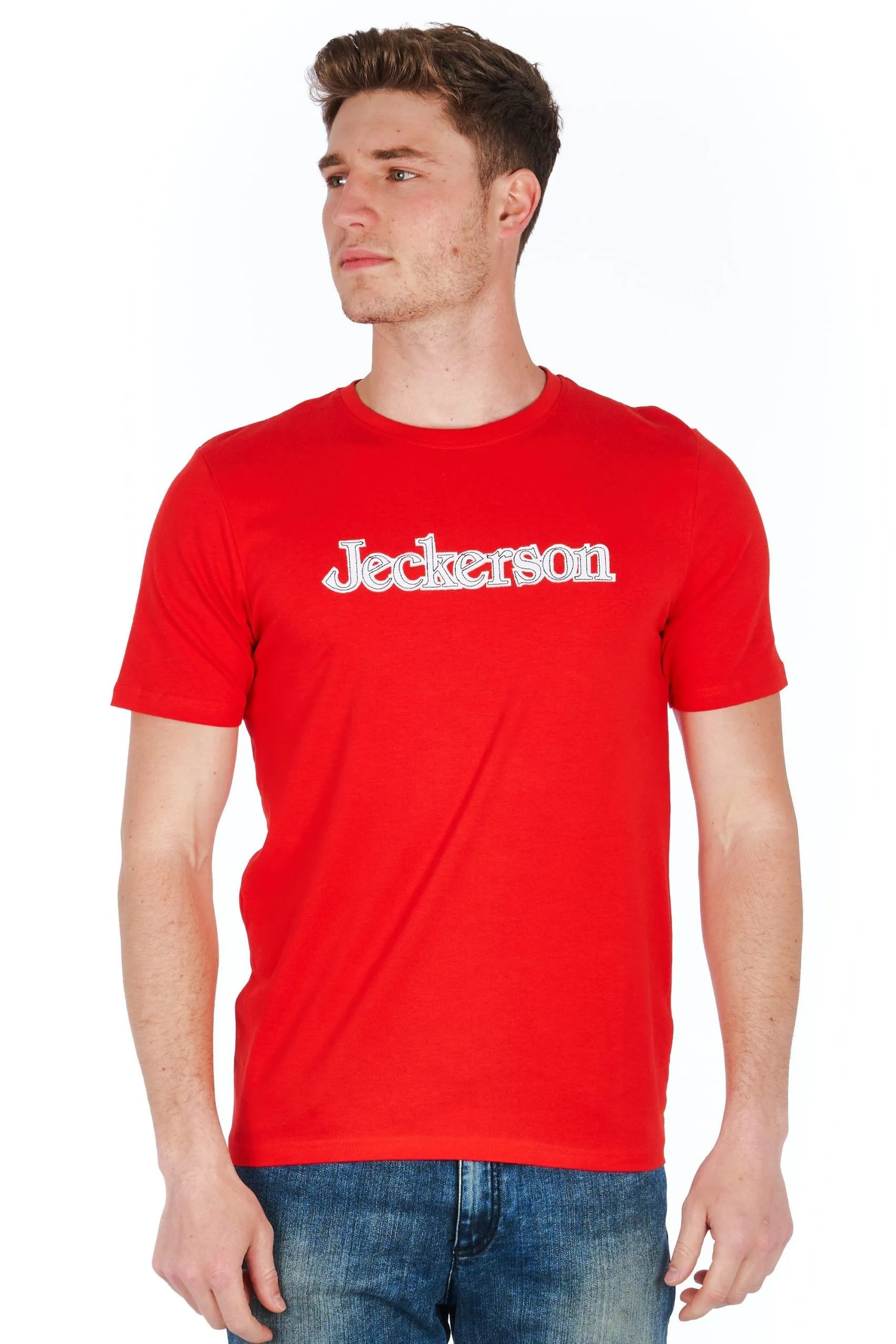 Jeckerson Men's Sleek Red Jersey Tee with Emblem Detail