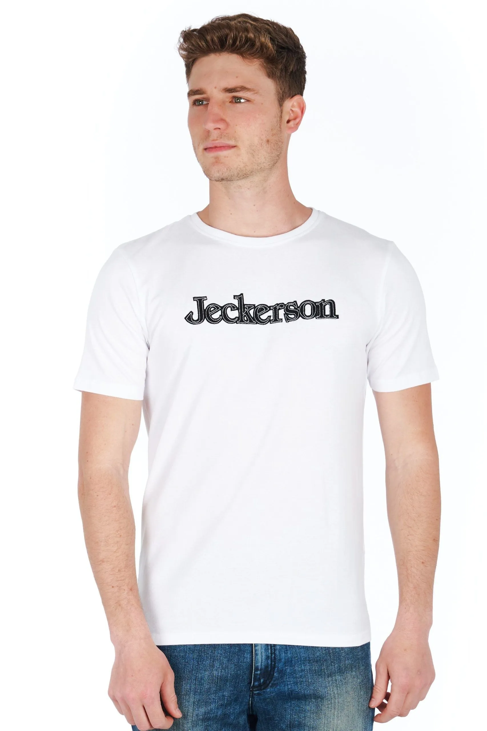 Jeckerson Men's Sleek White Logo Tee with Slim Fit Design