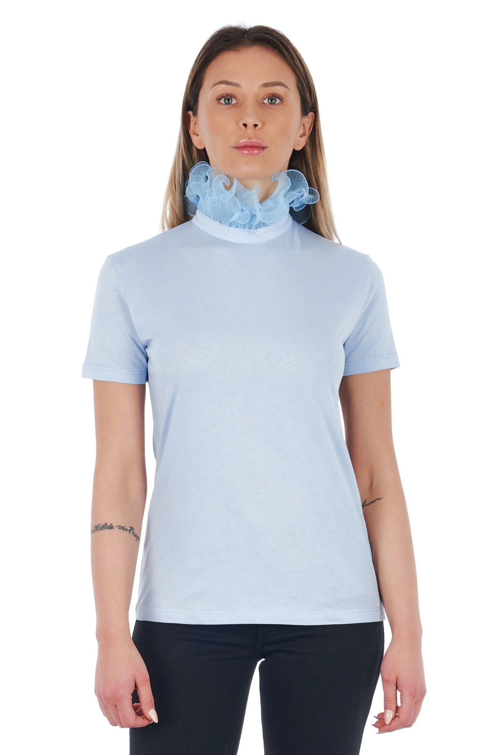 Frankie Morello Women's Elegant High Neck Lace-Trimmed Tee