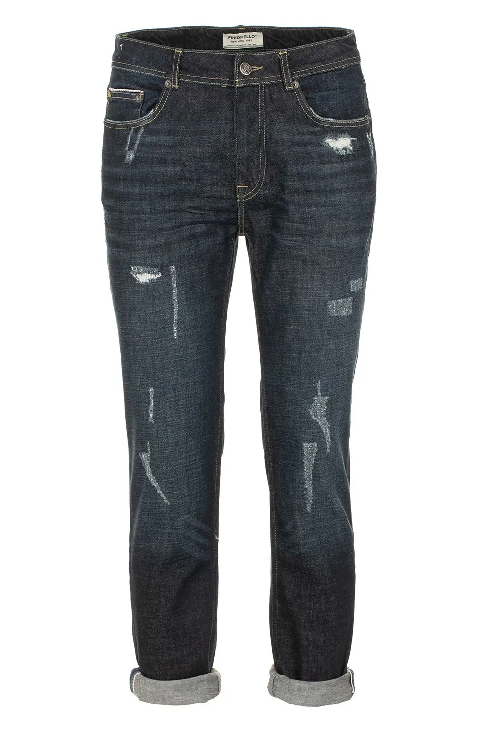 Fred Mello Men's Torn Dark Blue Fashion Jeans for Men