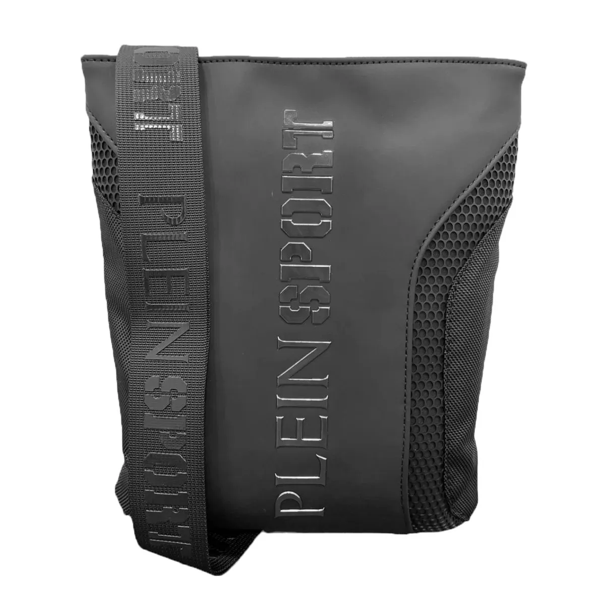 Plein Sport Men's Sleek Black Sports Messenger Bag with Logo Detail