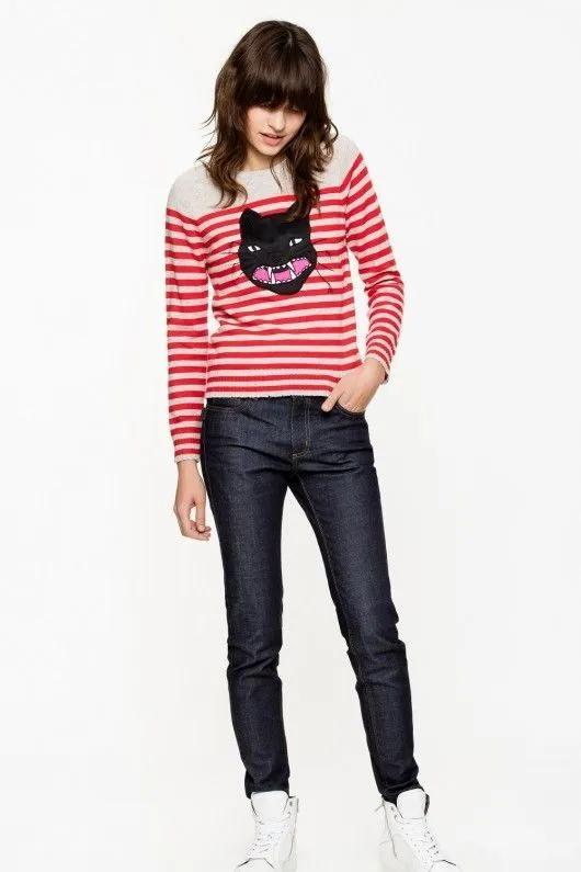 Zadig & Voltaire Women's Chic Red Striped Cashmere Sweater with Cat Motif