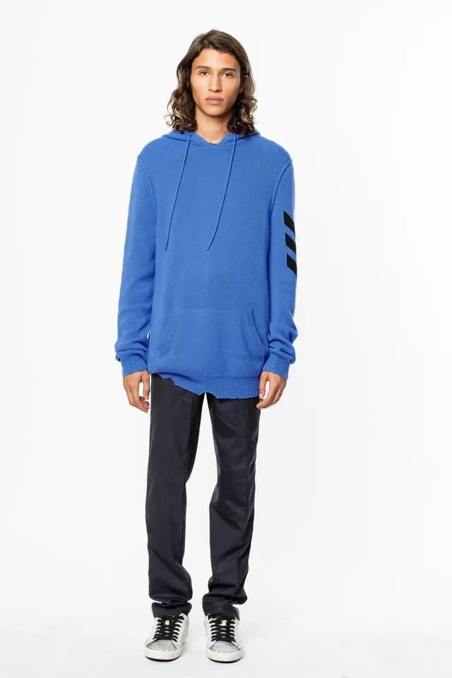 Zadig & Voltaire Men's Chic Blue Cashmere Hooded Sweater with Arrow Motif
