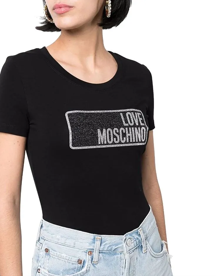 Love Moschino Women's Glitter Logo Cotton Tee in Black