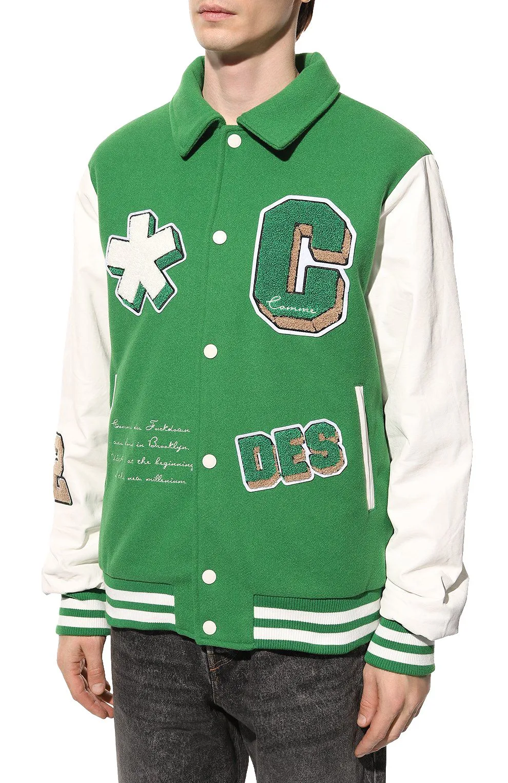 Comme Des Fuckdown Men's Eco-Leather Varsity Jacket with Iconic Appliques
