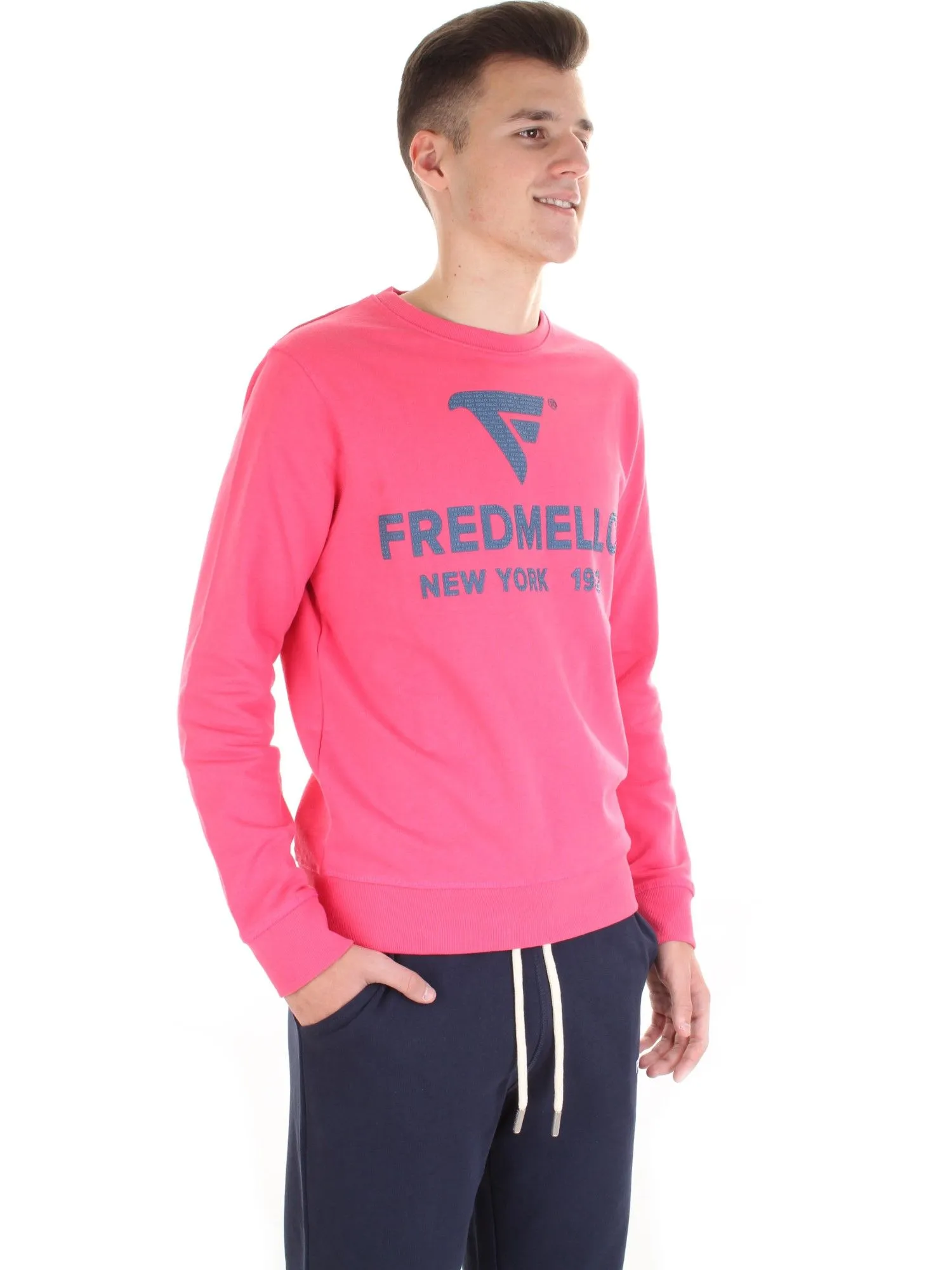 Fred Mello Men's Fuchsia Crew Neck Cotton Sweatshirt with Logo
