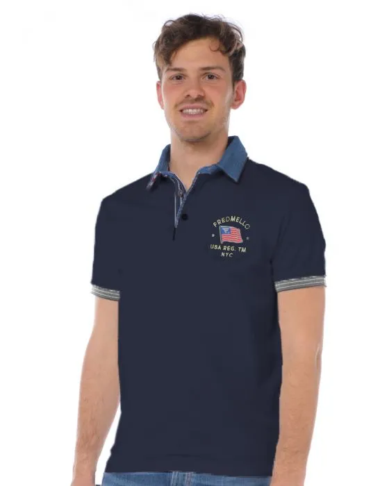 Fred Mello Men's Chic Denim Collar Polo with Chest Logo
