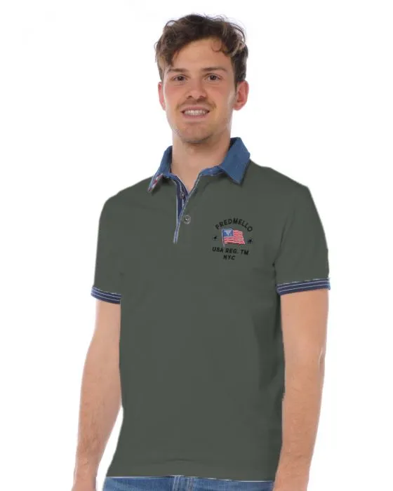 Fred Mello Men's Chic Green Polo with Denim Collar
