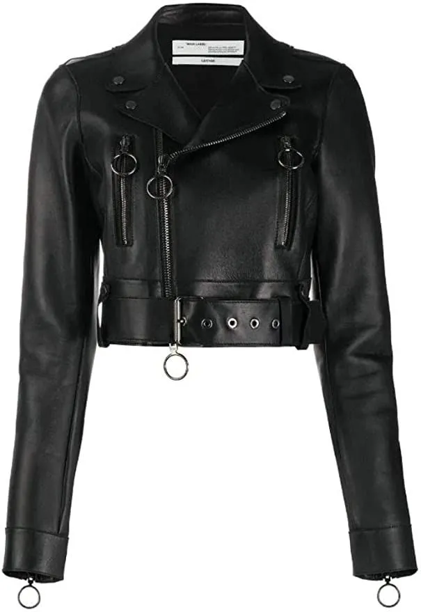 Off-White Women's Sleek Black Leather Jacket with Emblem Design