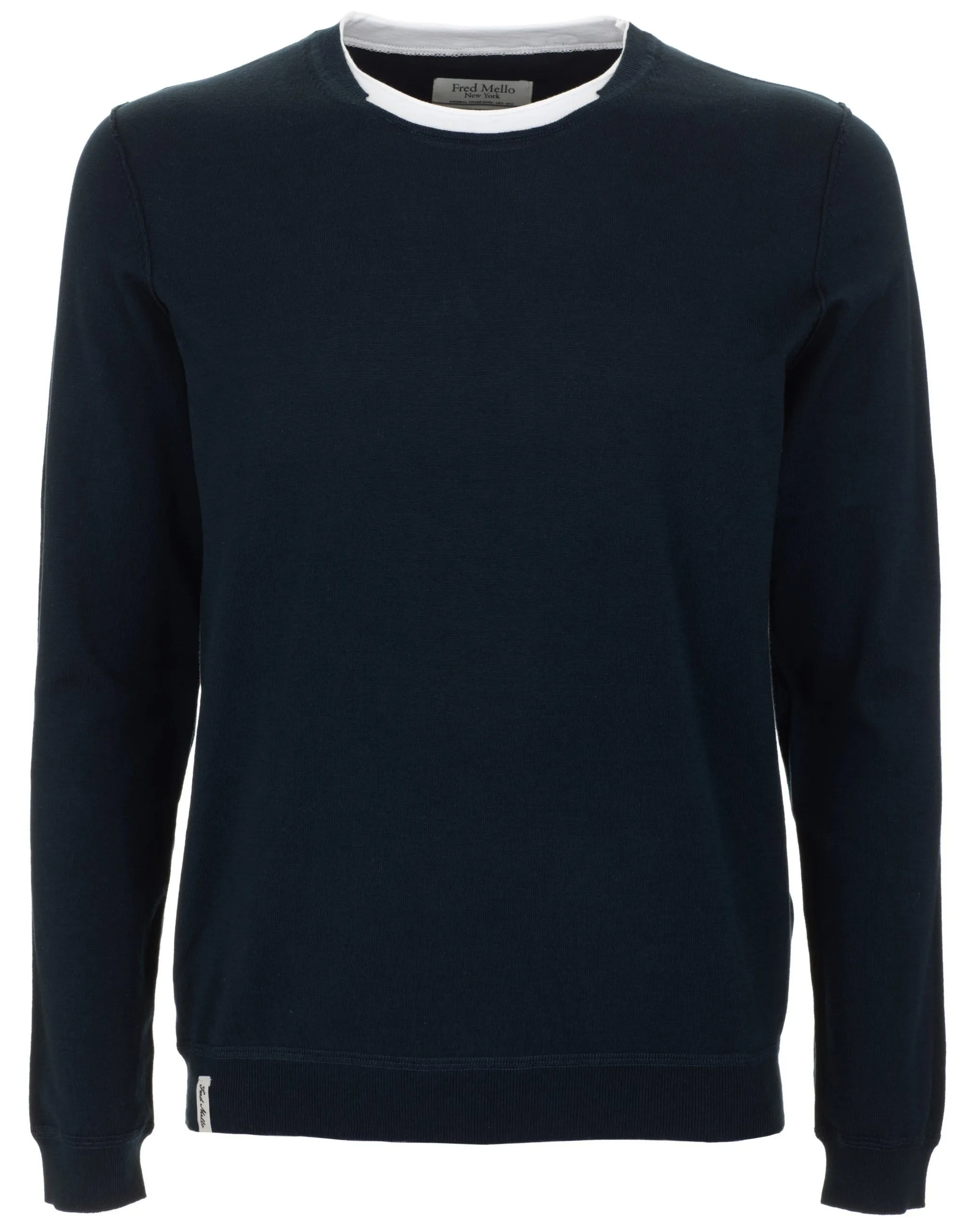 Fred Mello Men's Chic Blue Cotton Crew Neck Sweater with Contrast Collar