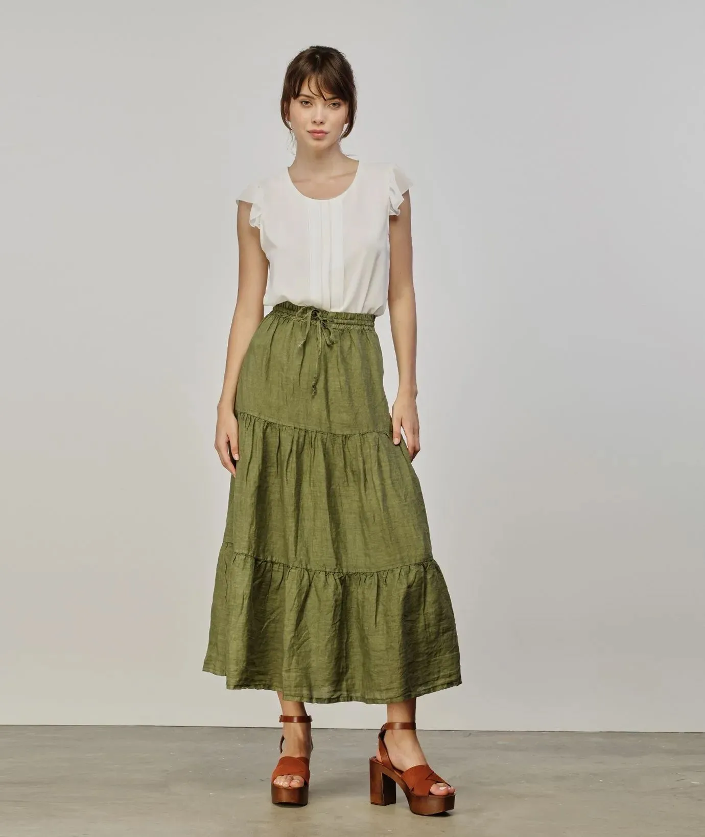 Yes Zee Women's Elegant Long Green Linen Skirt