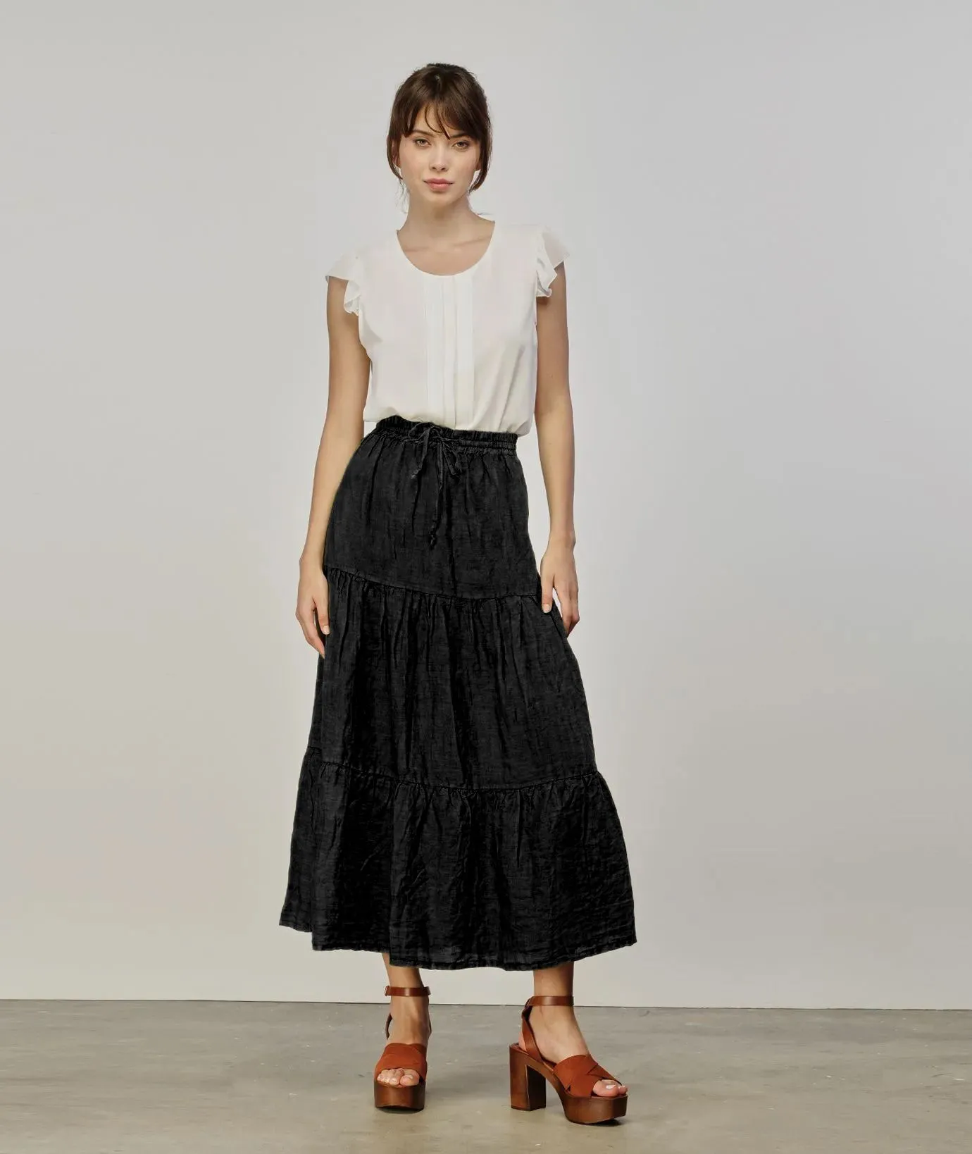 Yes Zee Women's Chic Black Linen Long Skirt for Elegant Evenings