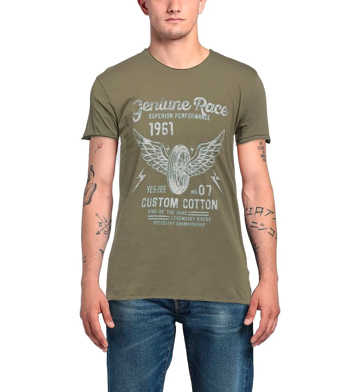 Yes Zee Men's Green Crew Neck Cotton T-Shirt with Front Print