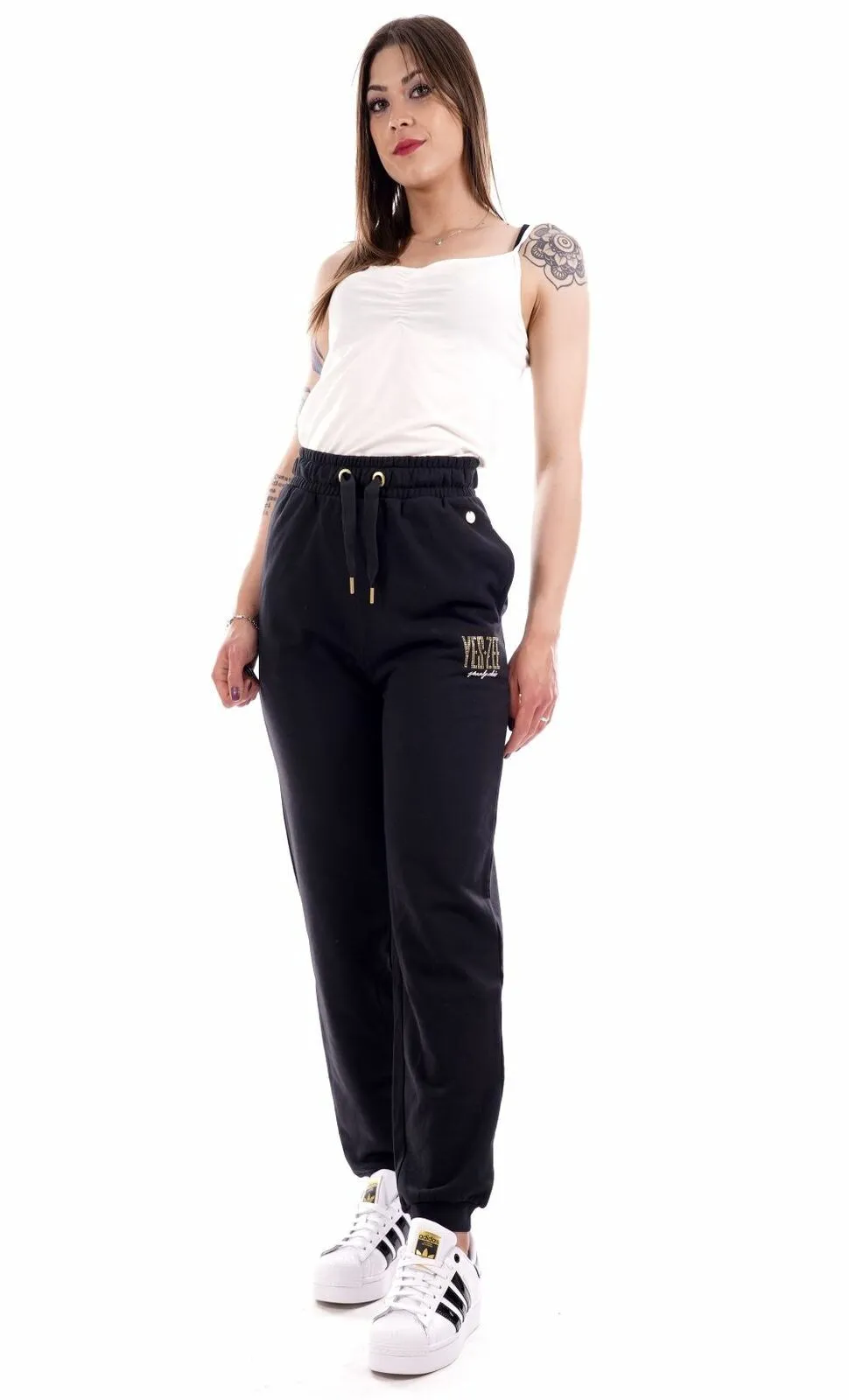 Yes Zee Women's Chic Rhinestone Logo Sweatpants