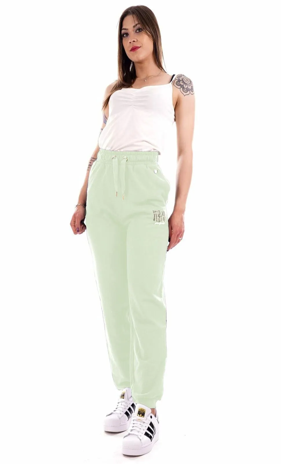 Yes Zee Women's Rhinestone Logo Sweatpants in Chic Green
