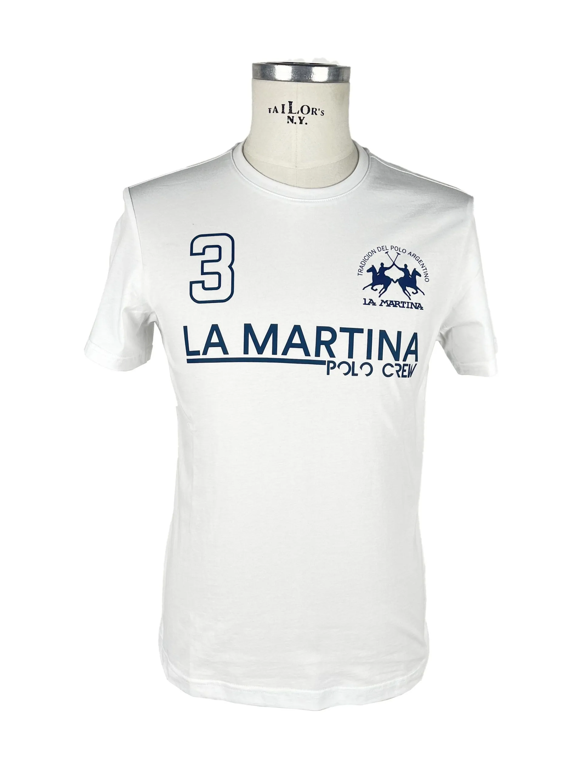 La Martina Men's Elegant White Cotton Tee with Blue Print