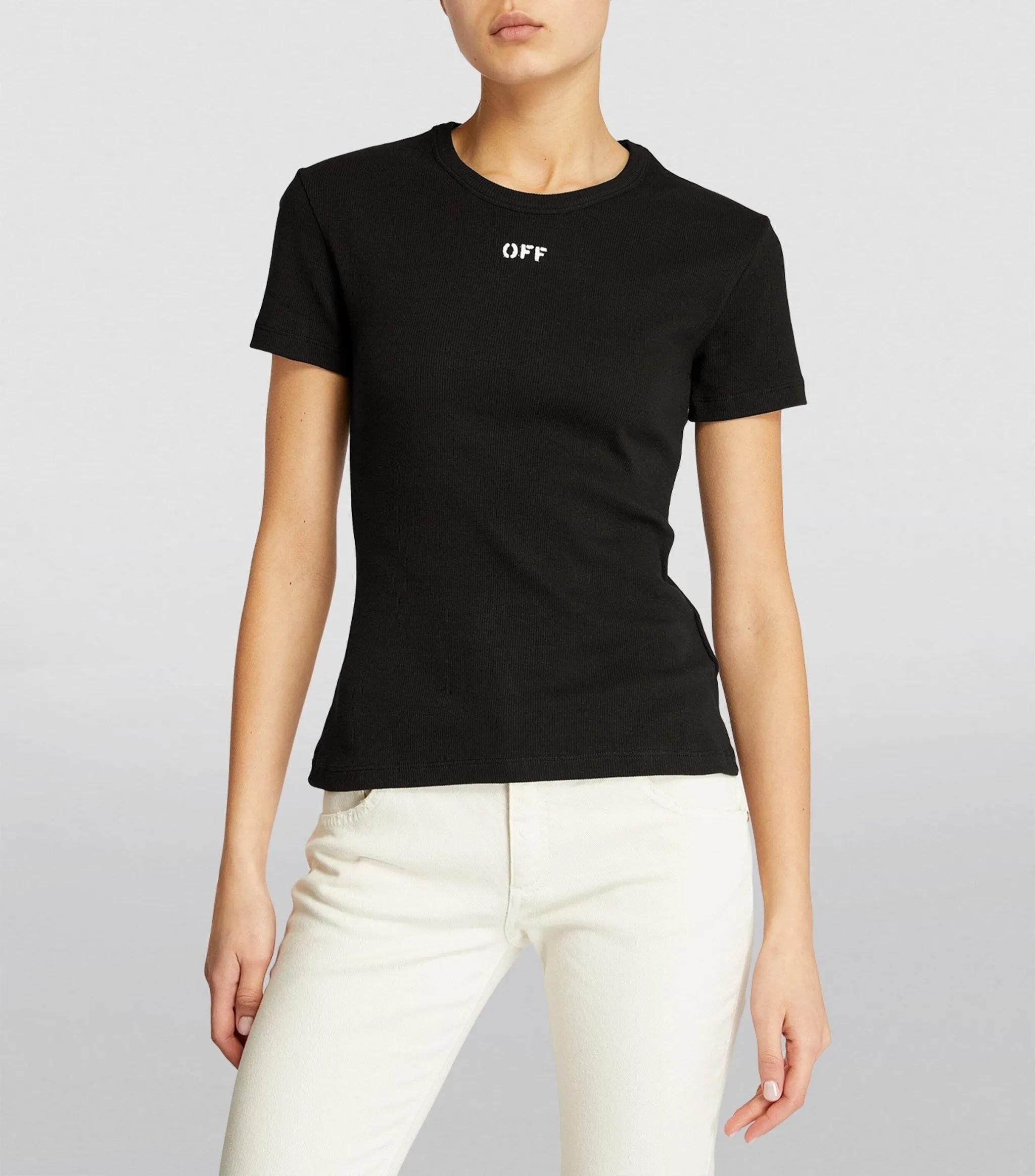 Off-White Women's Sleek Black Crew-Neck Tee with Front Print